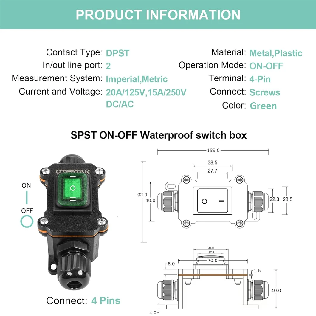 ABILKEEN Dual Port Output Rocker Push Button Box ON-OFF-ON DPST Rocker Toggle Switch IP66 Waterproof Push Button Box 220V 15/30A