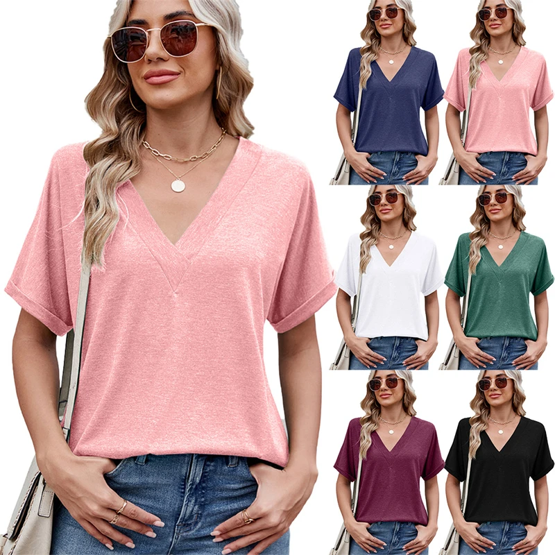 Women Deep V-Neck Oversize Shirt 2025 Summer Solid Color Casual Short Sleeve Blouse Loose Fit Top Summer Holiday Tops Fashion