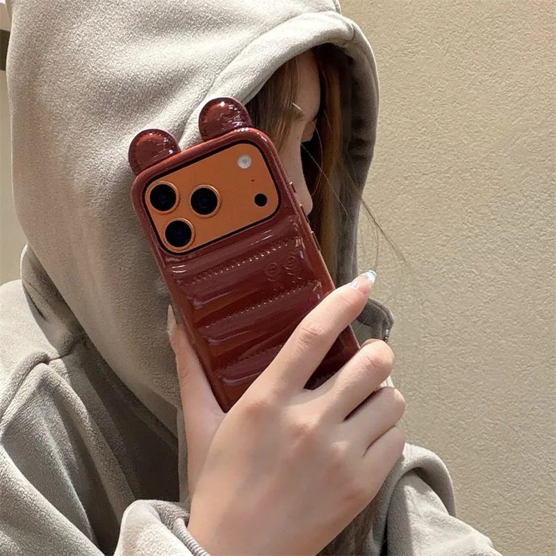 

2026 Luxury﻿ New 3D Bear Ears Down Jacket For iPhone 17 16 15 14 Pro Max 17promax Glossy Leather Shockproof Cover Phone Case