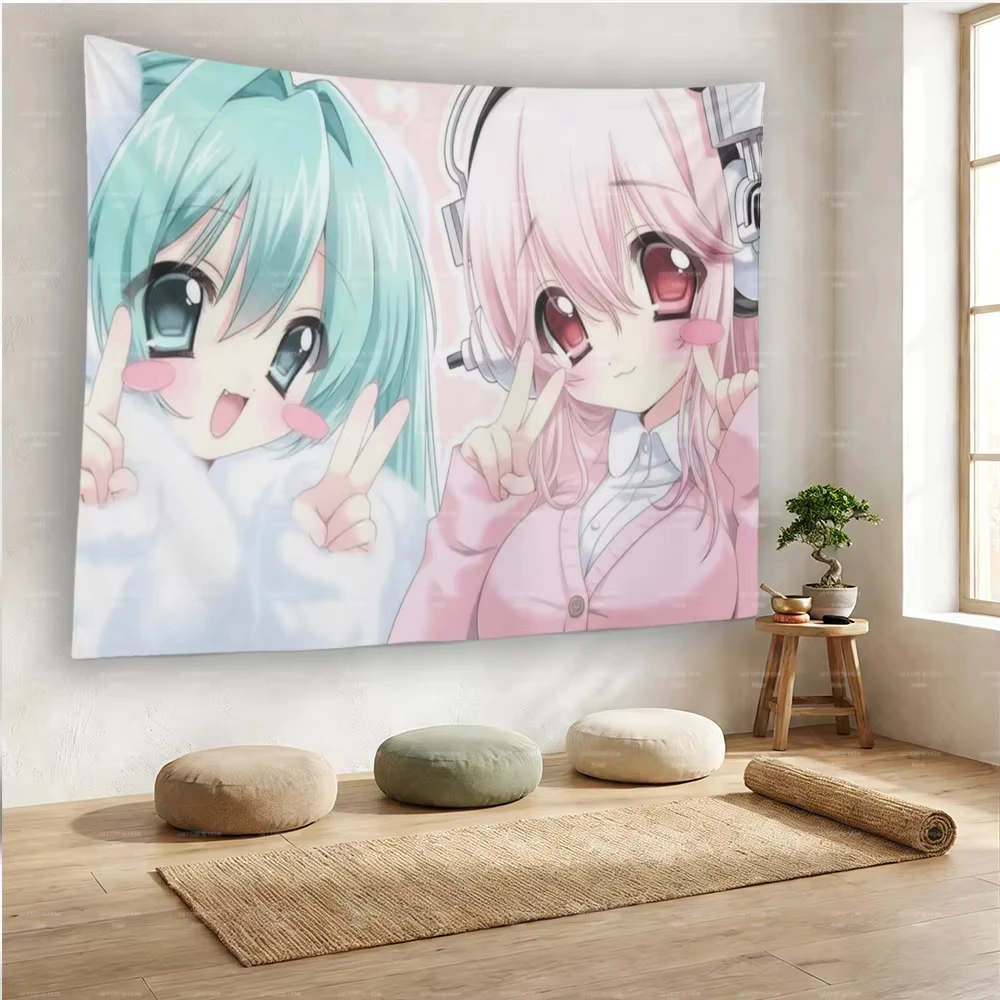 Super S-Sonico Anime Girl Tapestry, Y2K Kawaii 2000s Aesthetic Wall Hanging, Pink Pastel Otaku Room Decor Art Tapestry