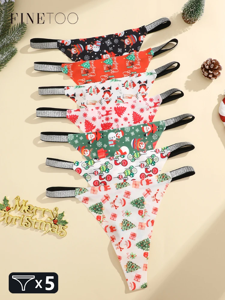 5 Teile/los Nahtlose Eis Seide Thongs frauen Weihnachten Thema Unterwäsche Sexy Strass Taille Höschen Santa Claus Gedruckt Dessous