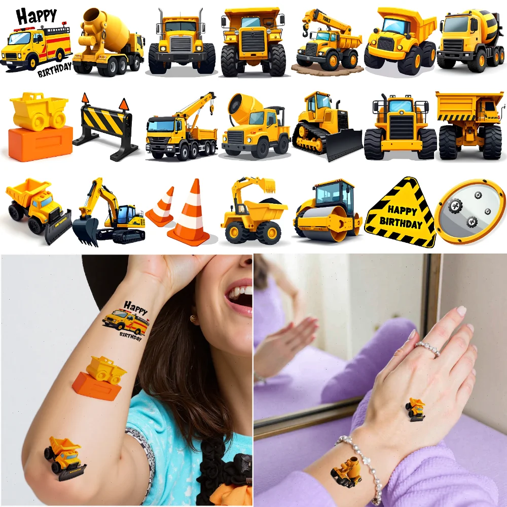 

63pcs Temporary Tattoo Construction Vehicles Temporary Tattoo Stickers Warning Signs Cartoon For Men Women Arms