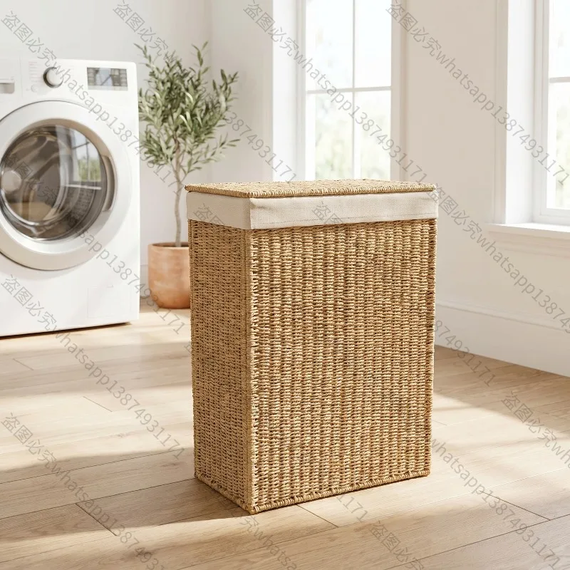 Foldable Paper Rope Woven Laundry Hamper with Lid Large Capacity Handwoven Clothes Storage Basket