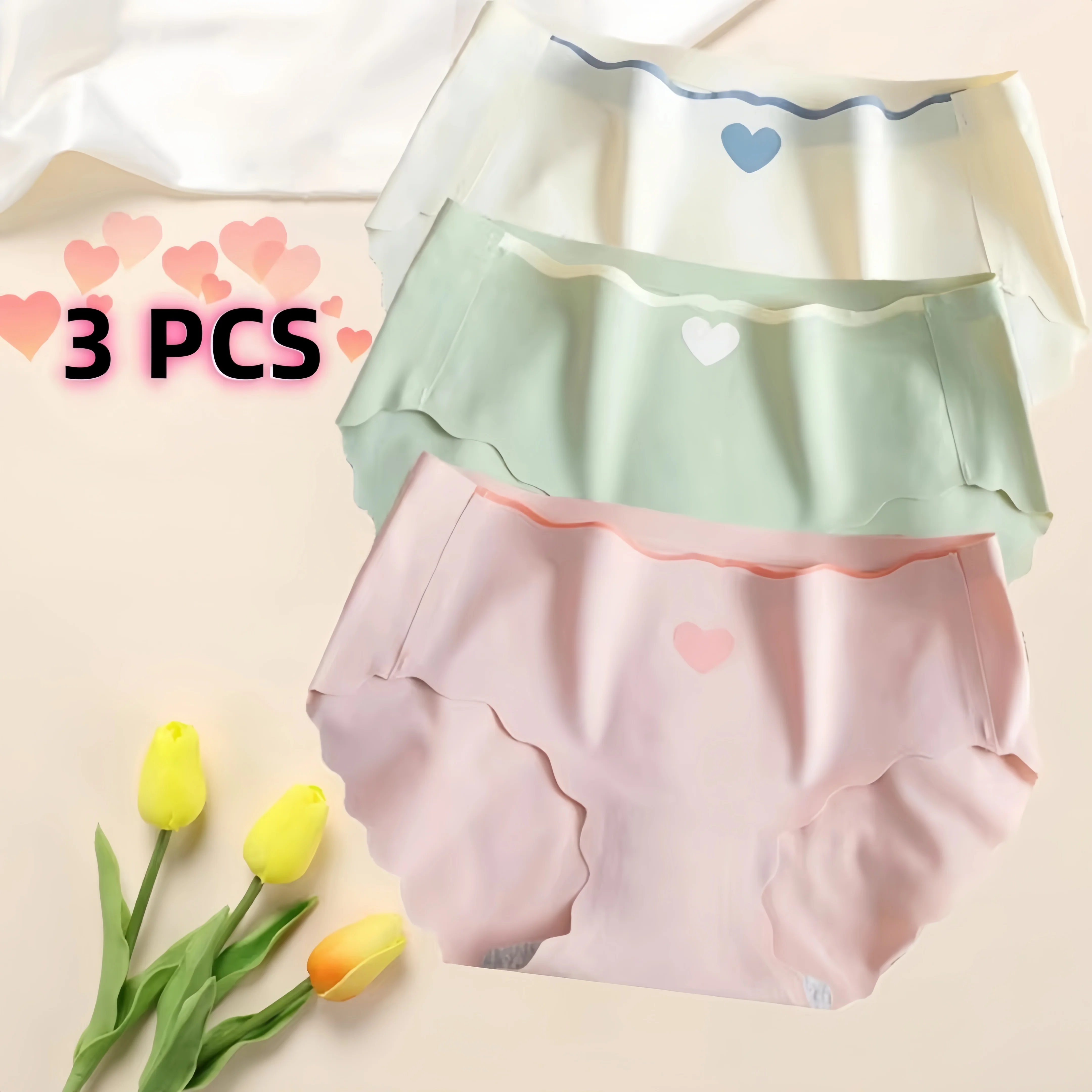 

3 PCS Thin Pure Cotton Crotch Sexy Arrival Traceless Girl's Mid-Waist Breathable Briefs Ice Silk 3 Pieces LOVE Underwear Women's