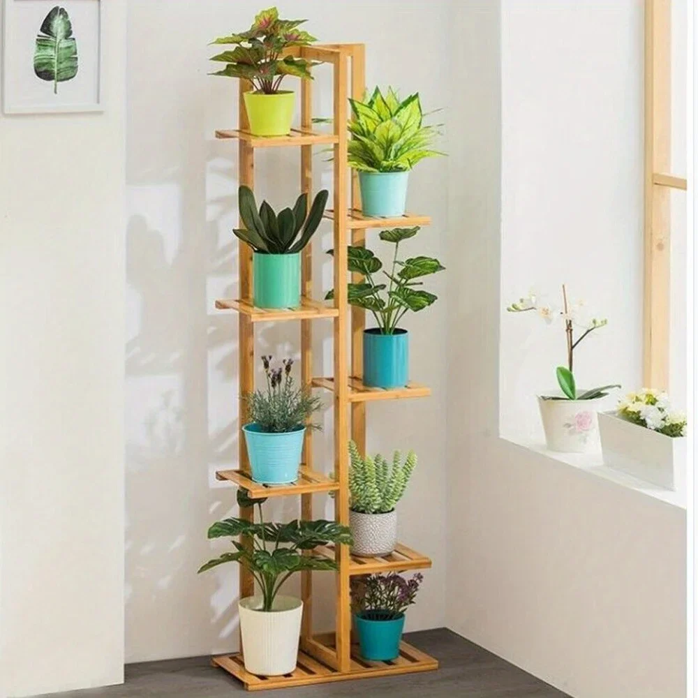 Bamboo Vertical Plant Stand High Low Shelves Flower Rack Display Indoor Outdoor