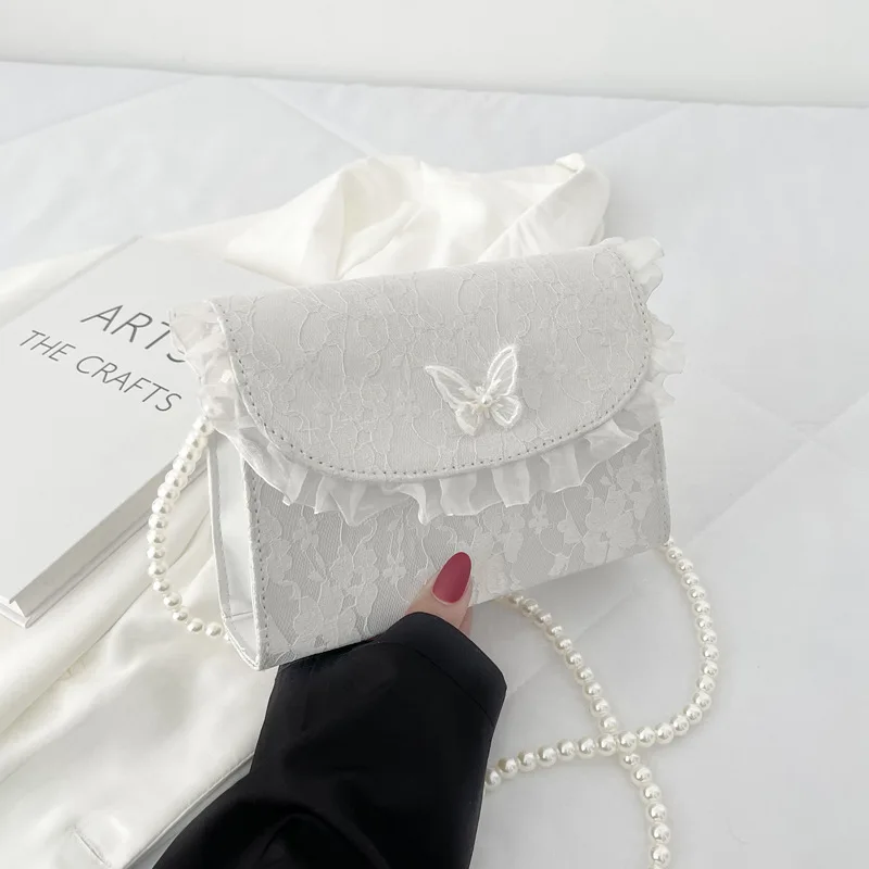 White Butterfly PU Underarm Bag 2023 Summer New Pearl Shoulder Strap Lace Shoulder Bag Elegant Simple Shopping Crossbody Bag