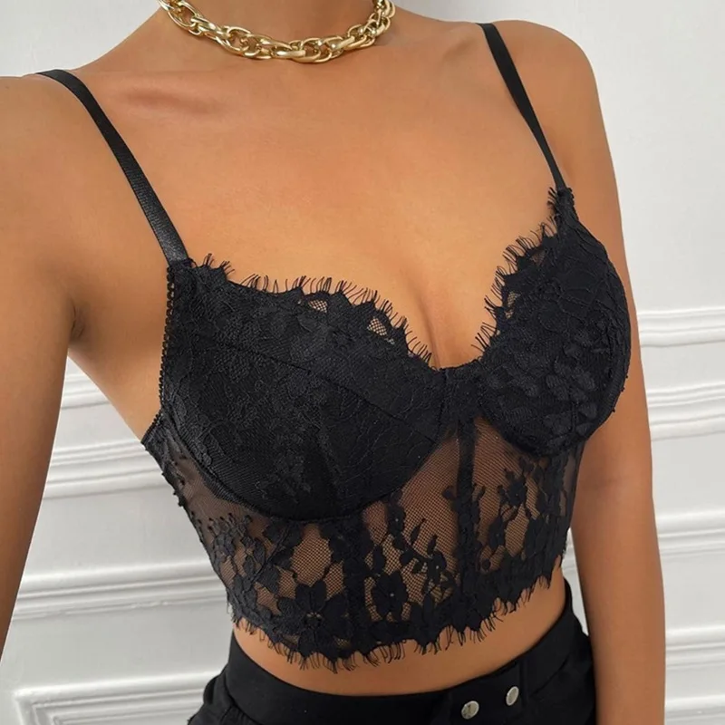 Summer Sexy Black Lace Halter Bustier Sleeveless Slim Lingerie Corset Top Zip Back Camisole going out tops for Women Streetwear