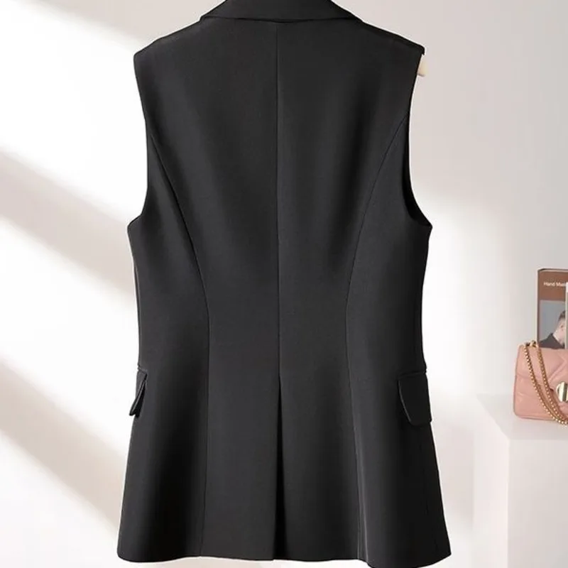 Chaleco negro de un solo botón para mujer, chaqueta de oficina ajustada, elegante, sin mangas, prendas de vestir exteriores, Primavera, #0724