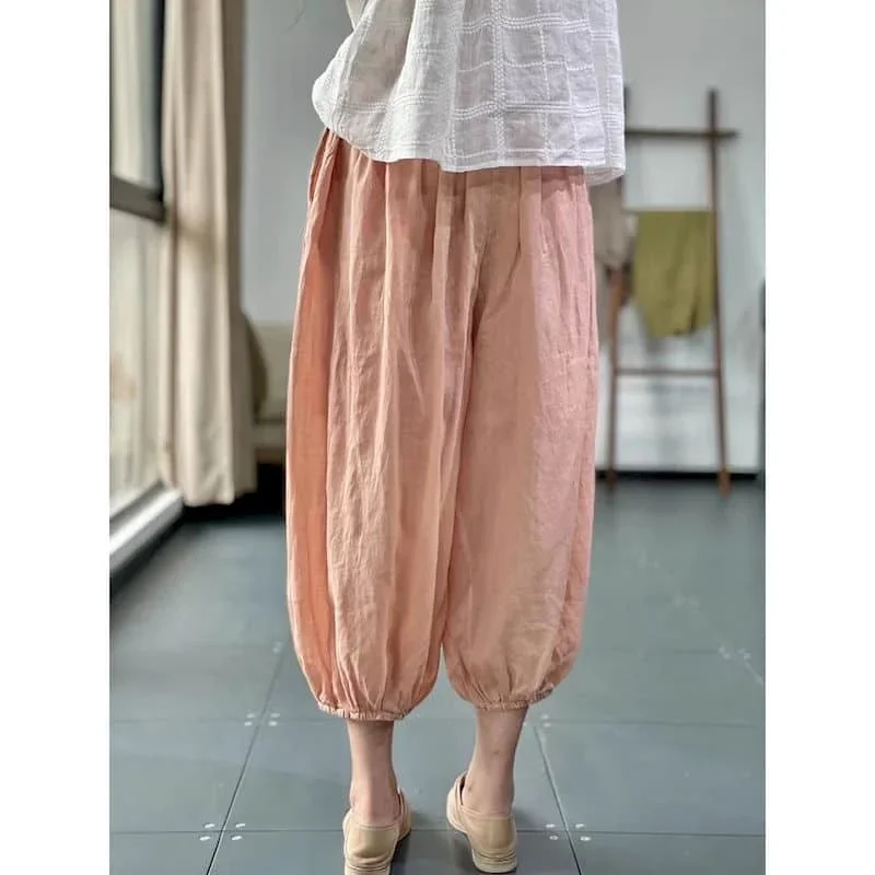 Calças de linho de algodão sólido solto casual vintage coreano moda harajuku calças lanterna cintura elástica roupas femininas