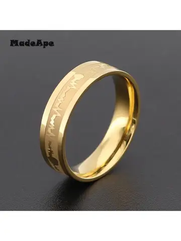 MadApe ECG Couple Ring Gold Color Titanium Stainless Steel Width 6mm Women Weddding Ring For Women Men Engagenemt Ring Jewelry