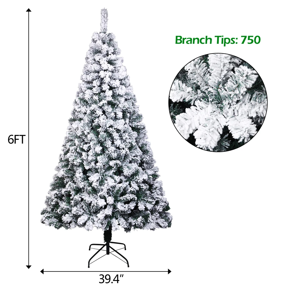 6FT PVC Flocking Christmas Tree 750 Branches Spread Out Naturally Tree