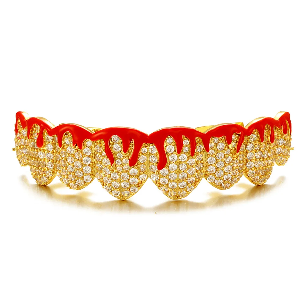 8/8 Red Drip Oil CZ Teeth Grillz Caps Cubic Zircon Iced Out Micro Pave Top&Bottom Charm Grills For Men Women Jewelry  Gift