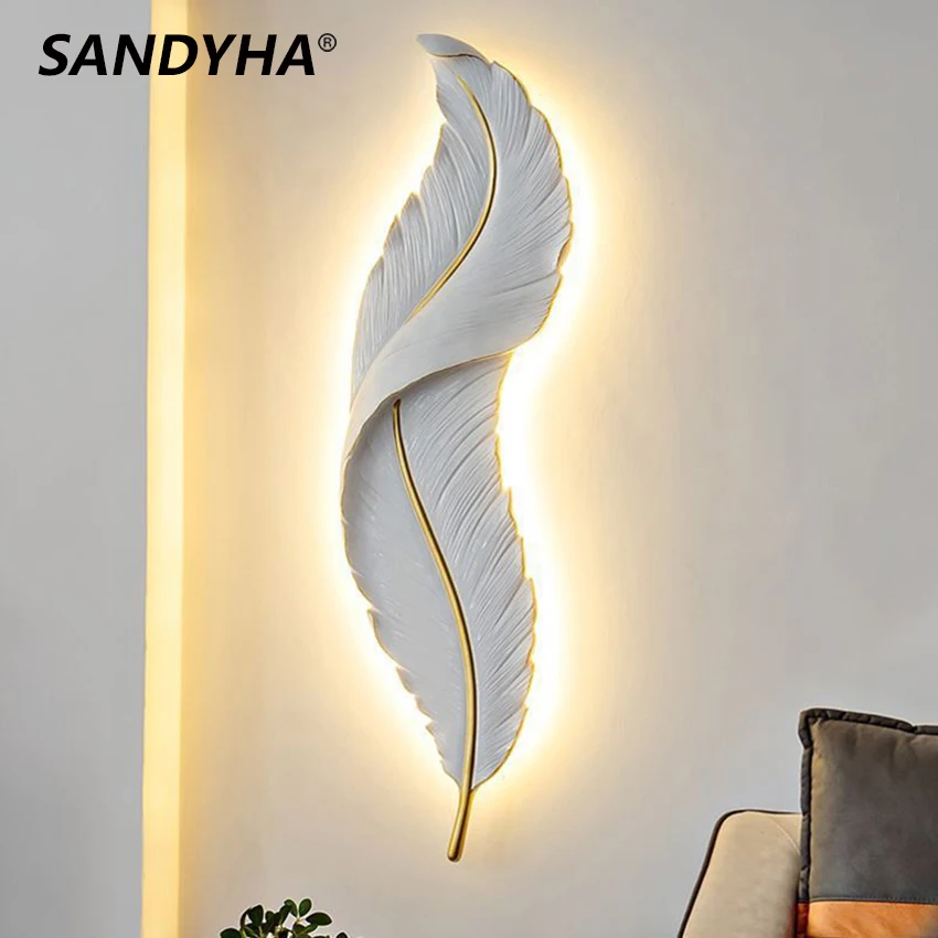 sandyha moderno criativo branco pena lampada de parede iron art led bracket luz para quarto sala de jantar coffee shop home decor 01