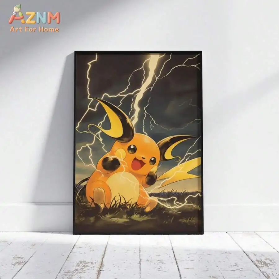 AZNM Eeveelutions Pikachu Mewtwo Arcanine Canvas Print Unframed Ukiyo-e Wave Lightning Anime Wall Art Decor Poster