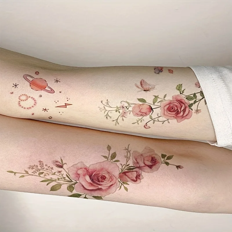 Floral arm tattoo, Large rose flower tattoo, Rose temporary tattoo woman, Rose temporary flower tattoo design, Rose tattoo for