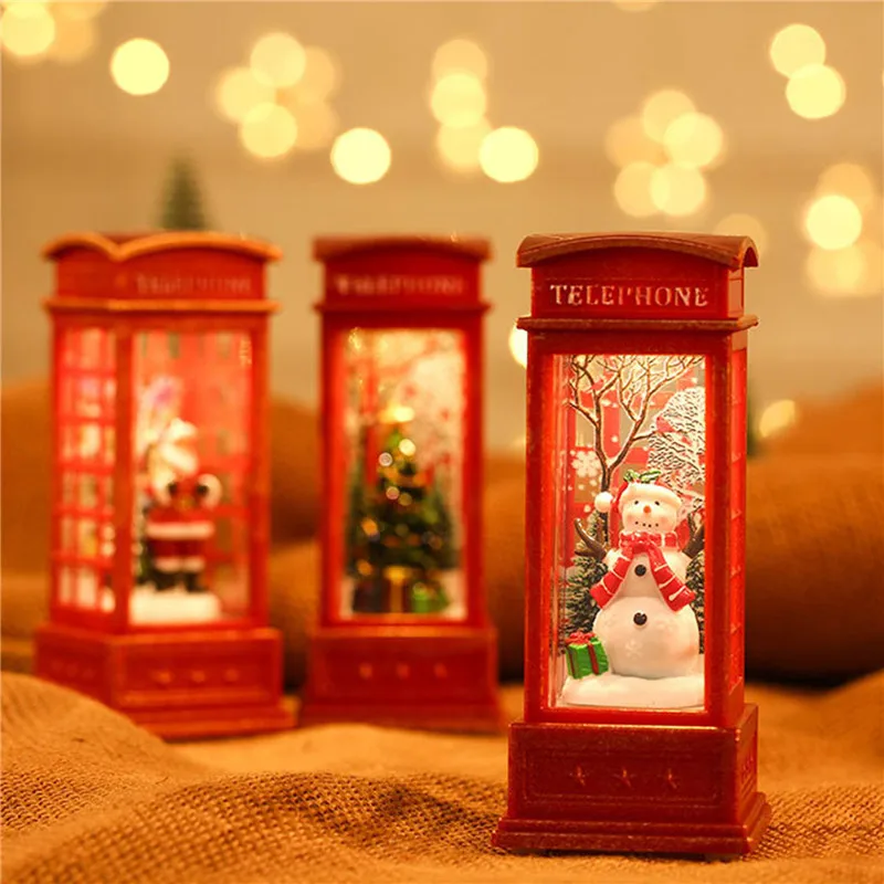 Design retro londres cabine de telefone cabine árvore natal papai boneco de neve arranjo vermelho ornamentos luminosos noite lâmpada