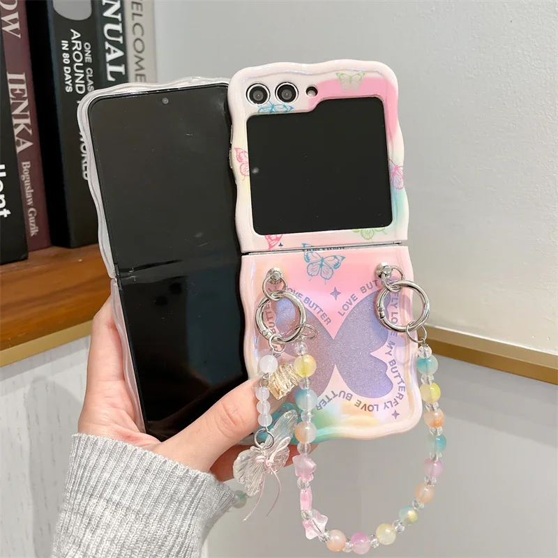 Custodia per telefono con cinturino da polso con perline per Samsung Galaxy Z Flip 5 4 3 Flip5 Flip4 Flip3 5G Cover con motivo a farfalla glitterata