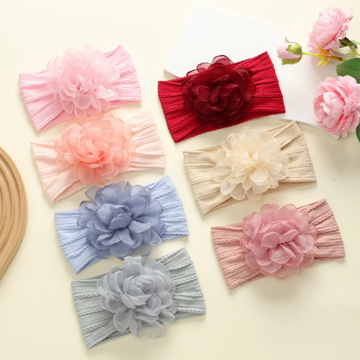 

35 PCS/Lot, Burned Chiffon Flower Baby Headbands Elastic Nylon Turban Headwraps Newborn Hair Accessories