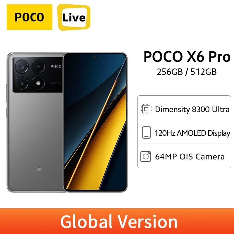 POCO X6 Pro 5G Global Version 256GB/512GB Mobile Phone 1.5K 120Hz AMOLED 64MP Camera MTK Dimensity 8300-Ultra Xiaomi HyperOS