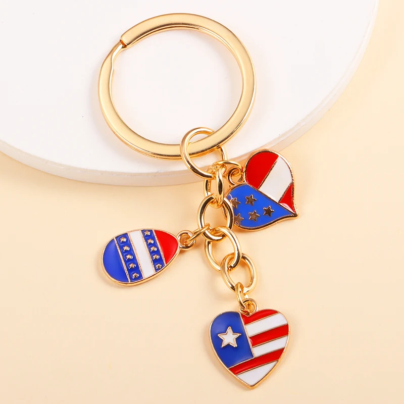 Hot Selling USA Flag Cross Heart Star Keychain America Pop Patriotism Keyrings For Women Men Car Key Bags Decor Party DIY Gifts