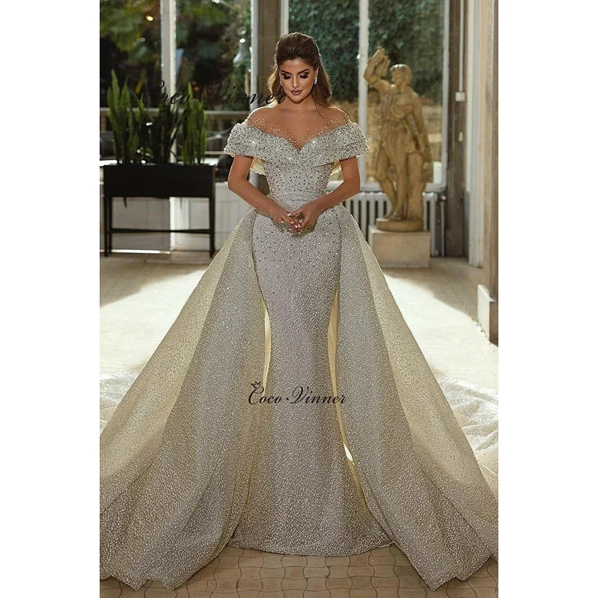 

Customized Sparkle Wedding Dress 2025 New 2 in 1 Middle East Fashion Off Shouler Mermaid Wedding Dress Deatachable Train W1403
