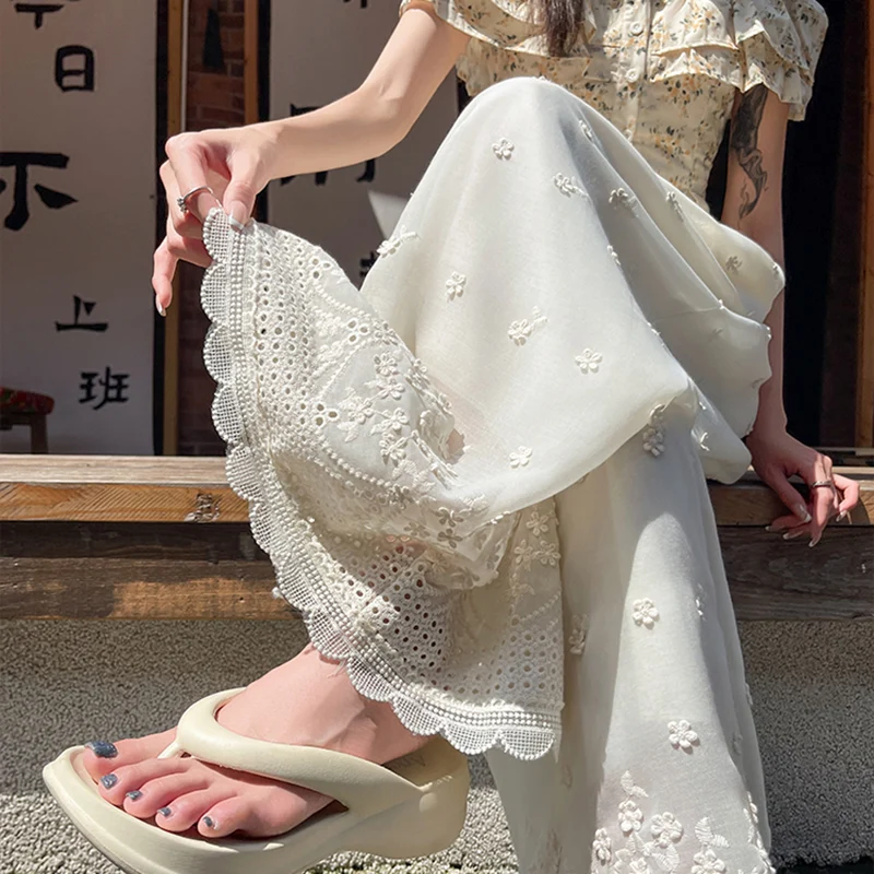 Summer Wide Leg Pants Women Casual Floral Embroidery Hollow Out Ruffles Trouser Sweet Elegant High Waist Loose Simple New Pants