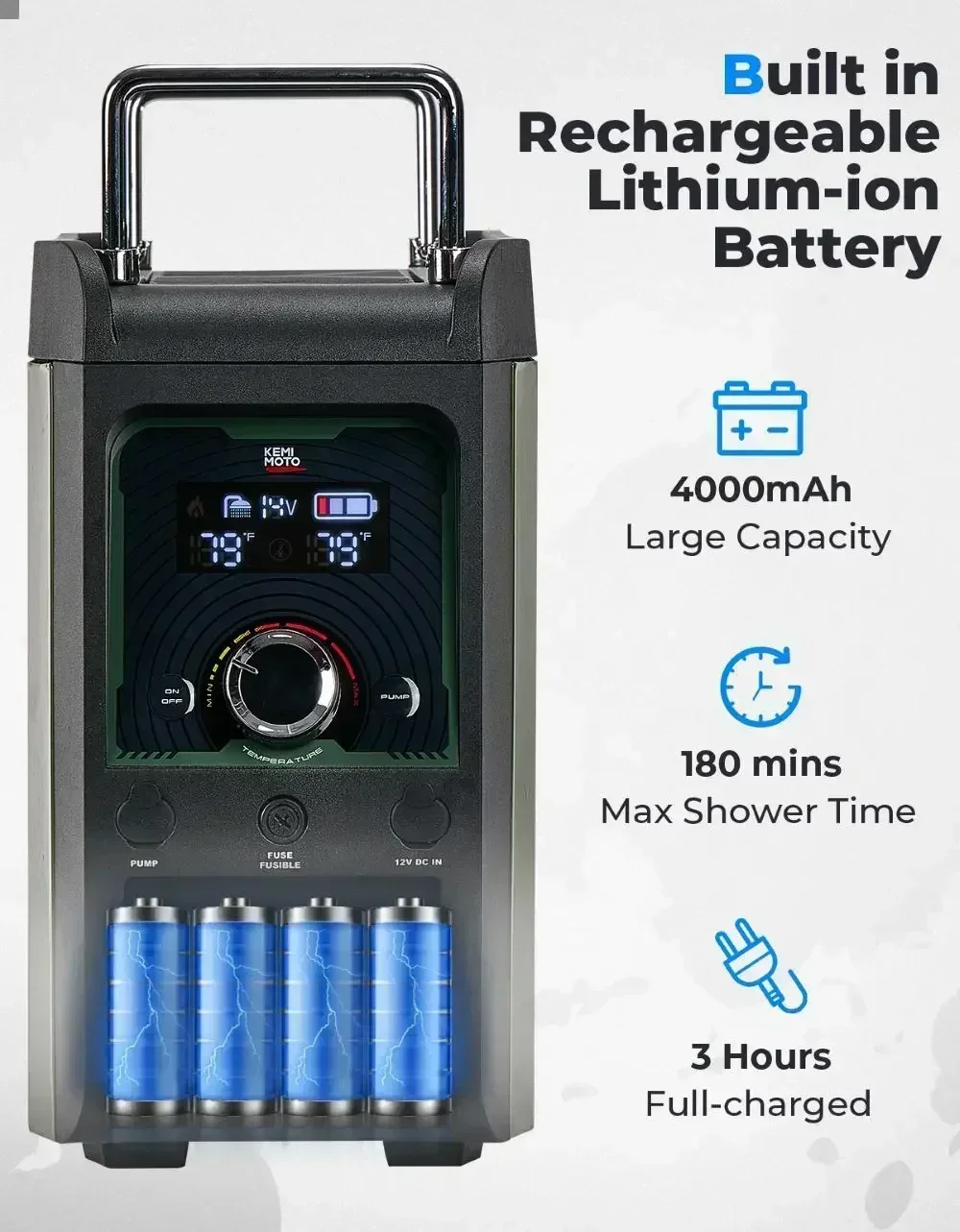 KEMIMOTO Portable Shower Butane Water Heater with Pump 20,500 BTU 4000mAh Rechargeable Battery LCD For Outdoor Camping Hunting