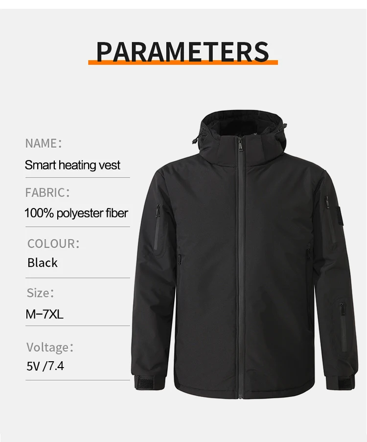 Unisex-Heizjacke, USB-aufladbar, 8 Heizzonen, elektrisch beheizter, warmer Kapuzenmantel, winddicht, wasserdicht, für den Winter, Outdoor, beheizt – Detail 11