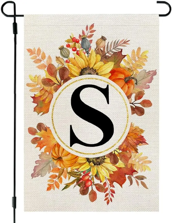 CROWNED BEAUTY Fall Monogram Letter S Garden Flag Sunflower Pumpkin Leaves 12x18 Inch Double Sided Outside Small Burlap Family L