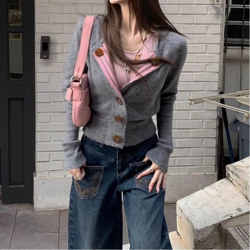 

Американский студенческий стиль, черный полосатый вязаный кардиган с лацканами для женщин, осень-зима, новый стиль, облегающее короткое пальто с завязкой на талии