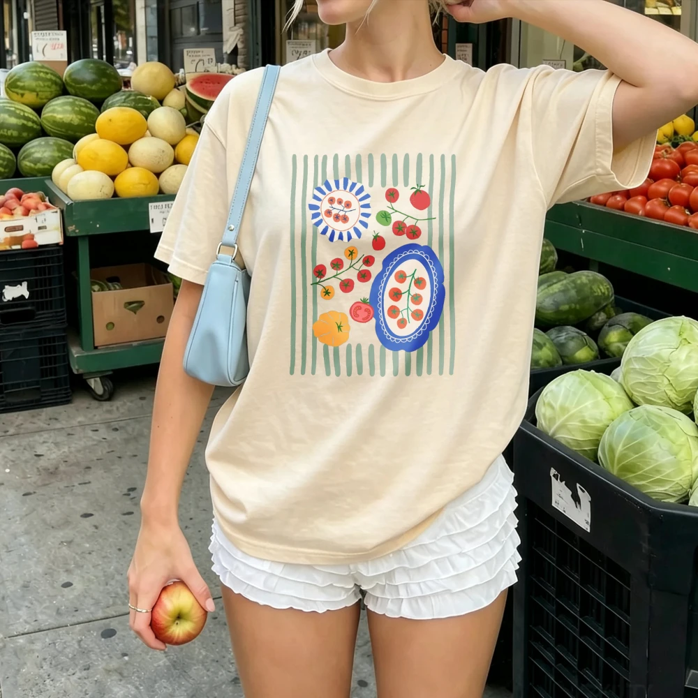 Green Vertical Stripes Frame Cherry Tomato Collage Folk Art Print Women Cotton Countryside Harvest Vegetable Retro Casual Tops
