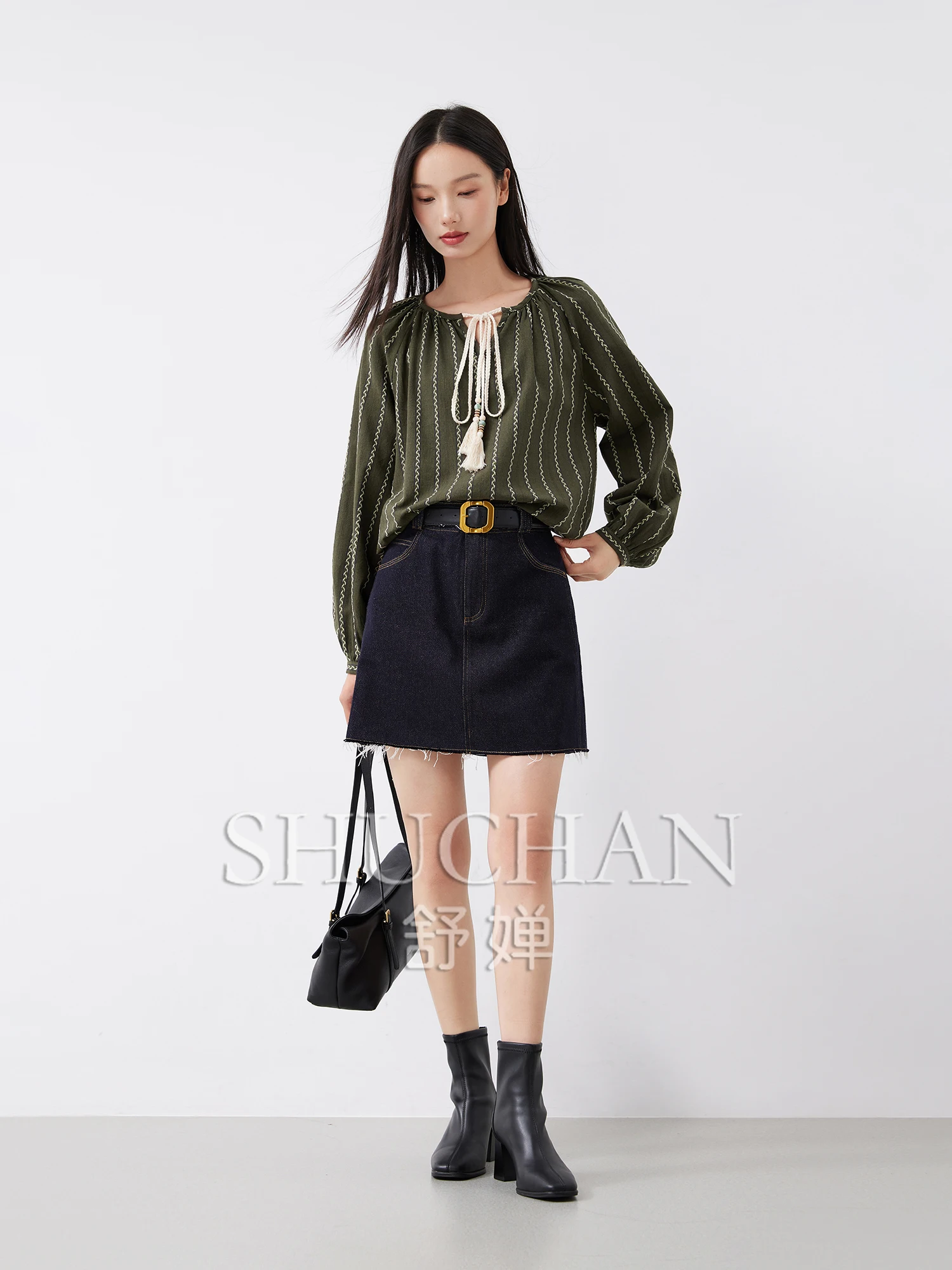 Literary and Artistic Yarn-dyed Striped Cotton, Geometric Jacquard Fringed Lace-up Shirt Blusas Femininas Com Frete Gratis