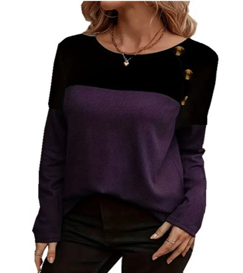 Long Sleeve Slim Fit Fashion Pullover 2023 Autumn/Winter New Round Neck Loose Temperament Commuter Color Block T-shirt