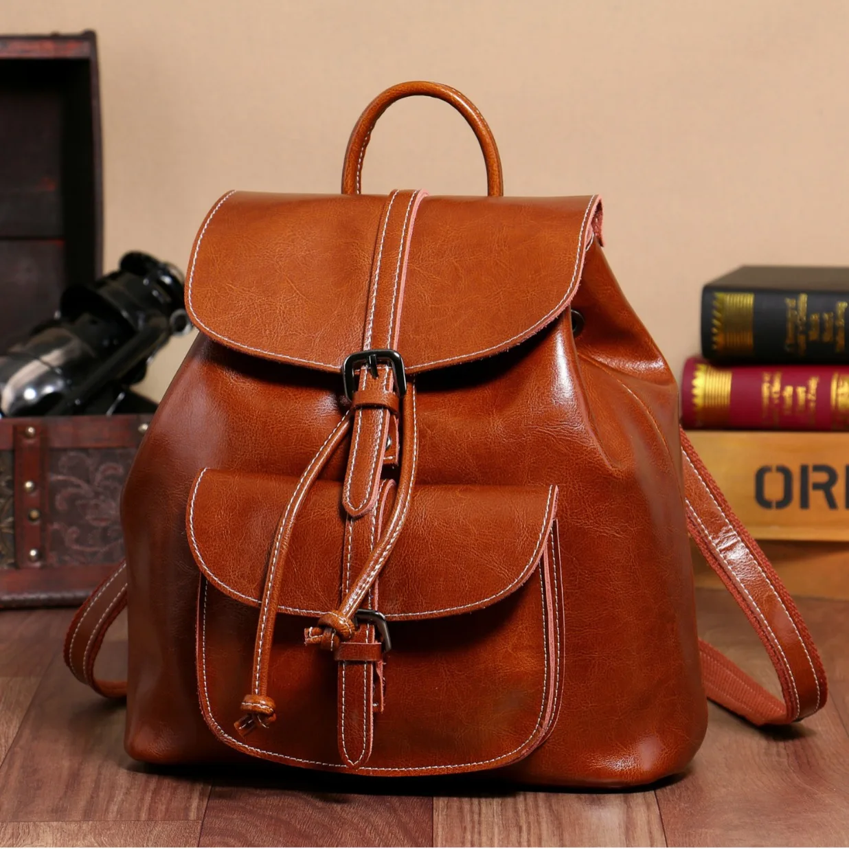 Oil wax cowhide pocket backpack strap closure flip cover Korean version leather big bag