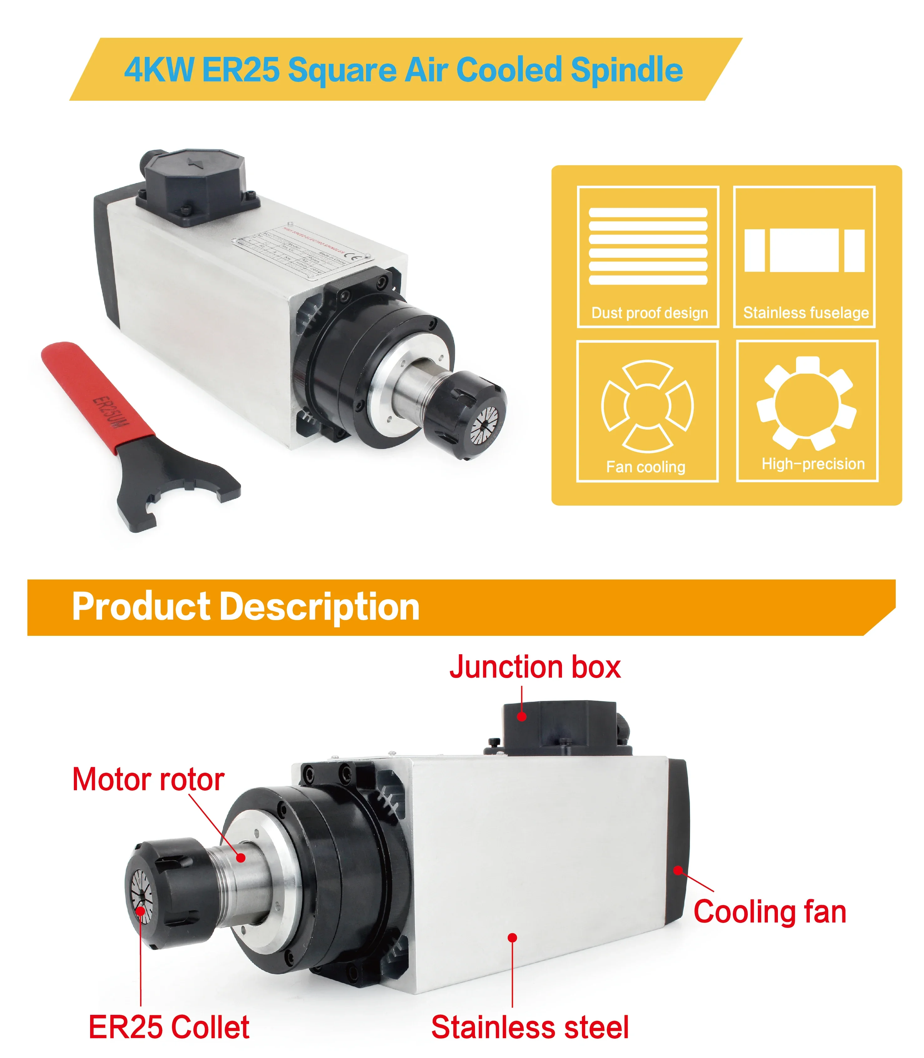 4kw ER25 Air Cooled Spindle Motor 220v 4 Pcs Ball Bearing And HY 4kw Inverter VFD ER25 Collets Sets For CNC Engraver