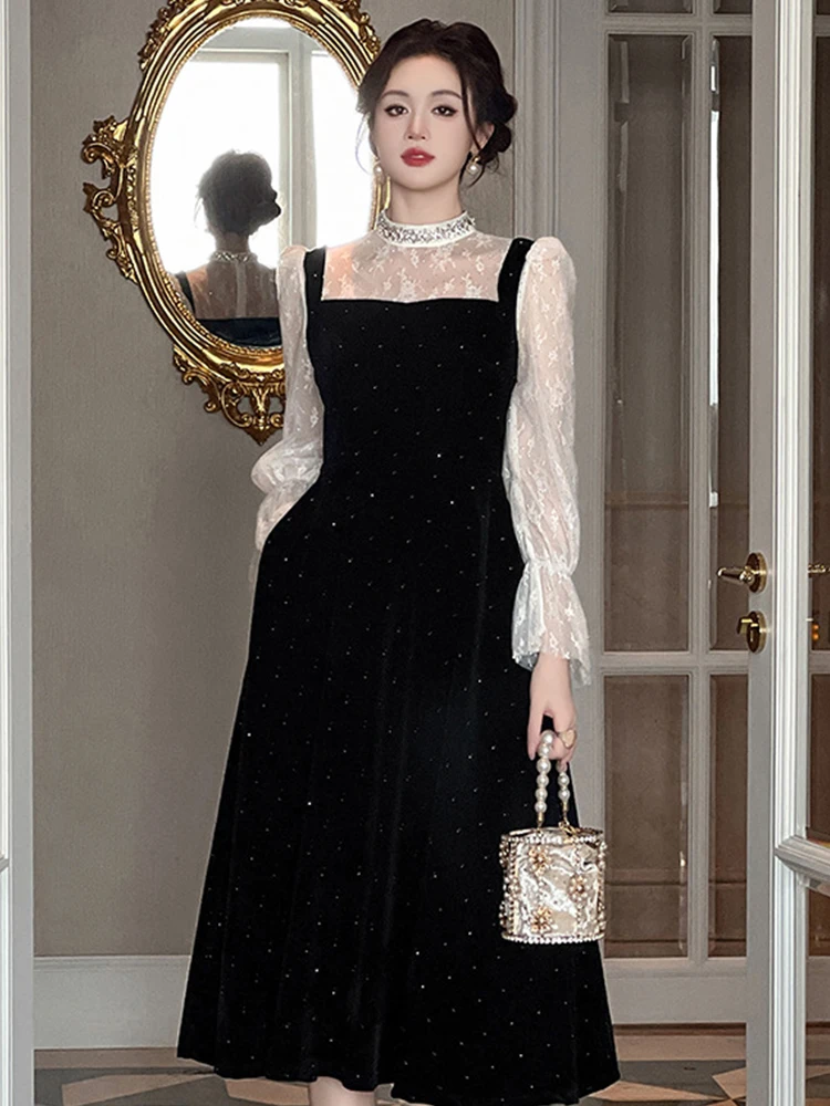 여성 의류 페이크 투피스 블랙 샤이니 레이스 퍼프 슬리브 슬림 이브닝 드레스 우아한 럭셔리 여성 패션 파티 프롬 드레스