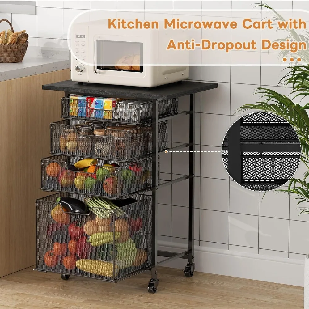 4-Tier Rolling Kitchen Microwave Cart - Kitchen Organizer and Storage Rack with Lockable Wheels, Metal Wire Fruit Utility Cart