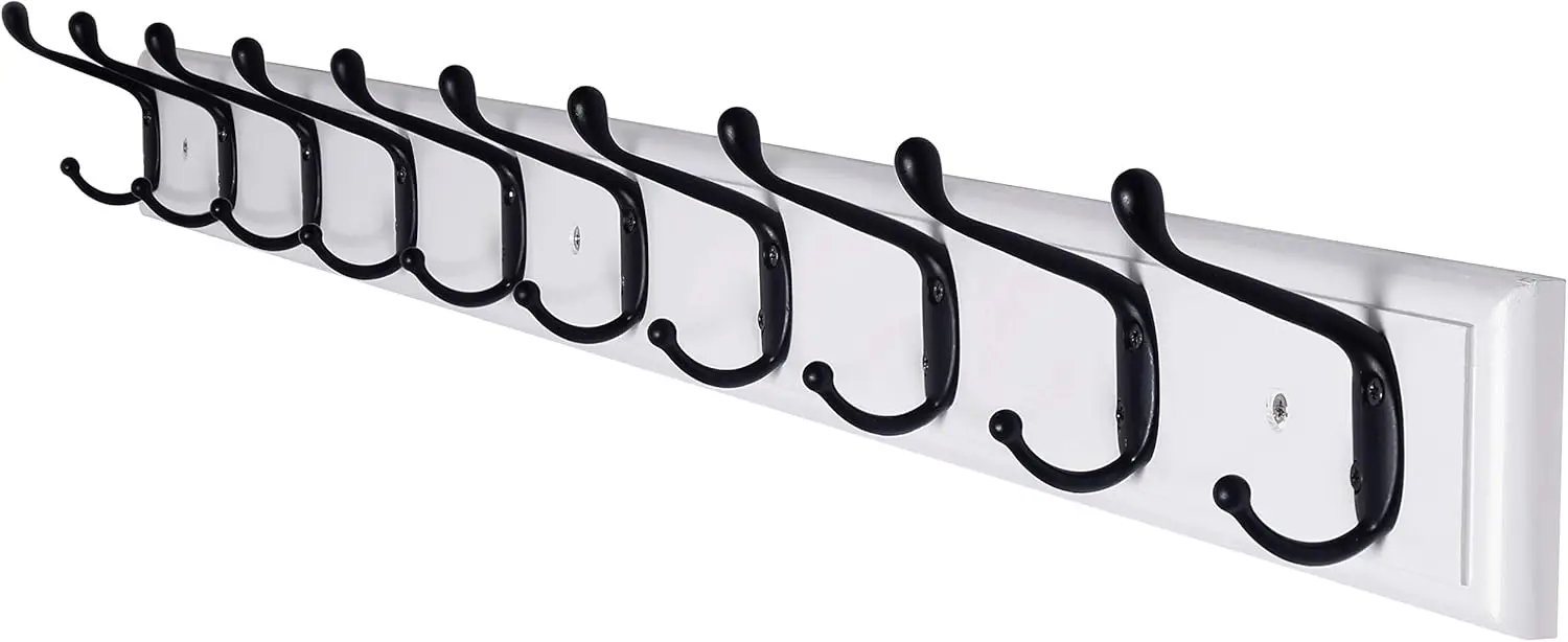 

Wall Mounted Coat Rack with 10 Hooks, 38-1/4" Long, Wood and Aluminum Alloy in White & Black