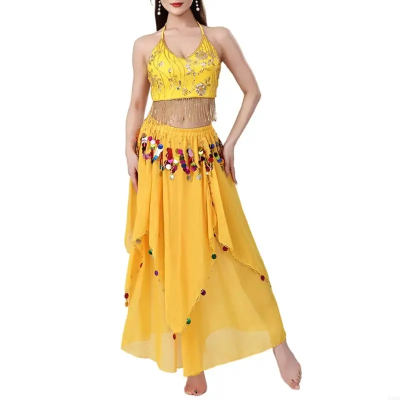 2pcs قم برقص برا برا والترتر الطويل تنورة بطن الرقص 2pcs زي رقص البطن للنساء هدايا الفتيات 6xda