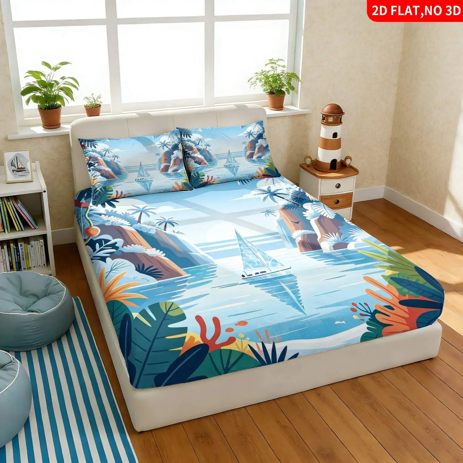 3-Piece Mattress Protector Set, Tropical Paradise Style, Ocean and Palm Tree Themed Bedding, Machine Washable Bed Cover, 2D Flat Print Mattress Protector, Stain-Resistant, Cozy Mattress Cover, Suitable for All Seasons, Easy to Care For, Suitable for Home Bedrooms, Essential for Dorms and Rentals, Master Bedroom and Guest Room Decoration, Dust-Proof and Stain-Resistant, High Elasticity, Fits Various Sizes
