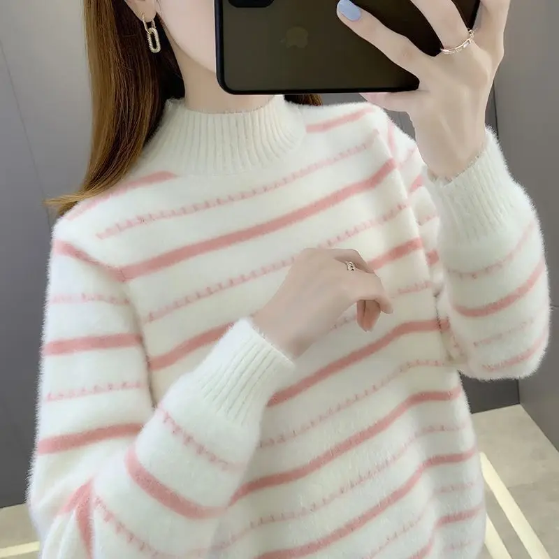 

2022 New Women's Striped Sweater Slim Turtleneck Pullover Knitted Top Pullover Bottoming Shirt Trendy Turtleneck Sweater H65