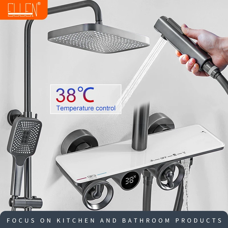 

ELLEN Thermostatic Shower Faucets Sets Digital Display Rainfall Shower Systems with Spray Thermostat Tap with Shelf EL9410