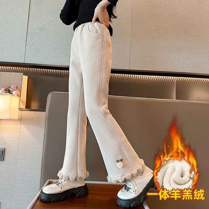Girls Corduroy Pants Thickened Fleece Lined Winter Trousers Super Warm bell-bottoms Children's Fashionable Casual Clothing 4-12Y