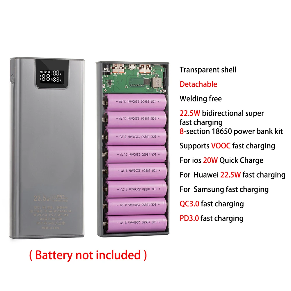 22.5w Fast Charging 8*18650 Battery Storage Case Digital Display Soldering Free Detachable Mobile Power Supply Box With Light