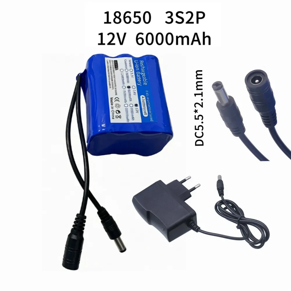12V 3S2P 6000mAh battery pack 18650 lithium ion DC12.6V super large capacity rechargeable battery with BMS + charger
