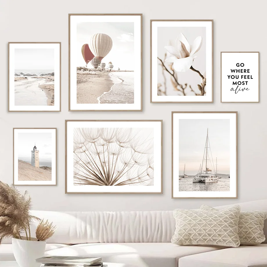 Beige Magnolia Dandelion Lighthouse Sea Wall Art Canvas Painting Nordic Posters And Prints Wall Pictures For Living Room Decor