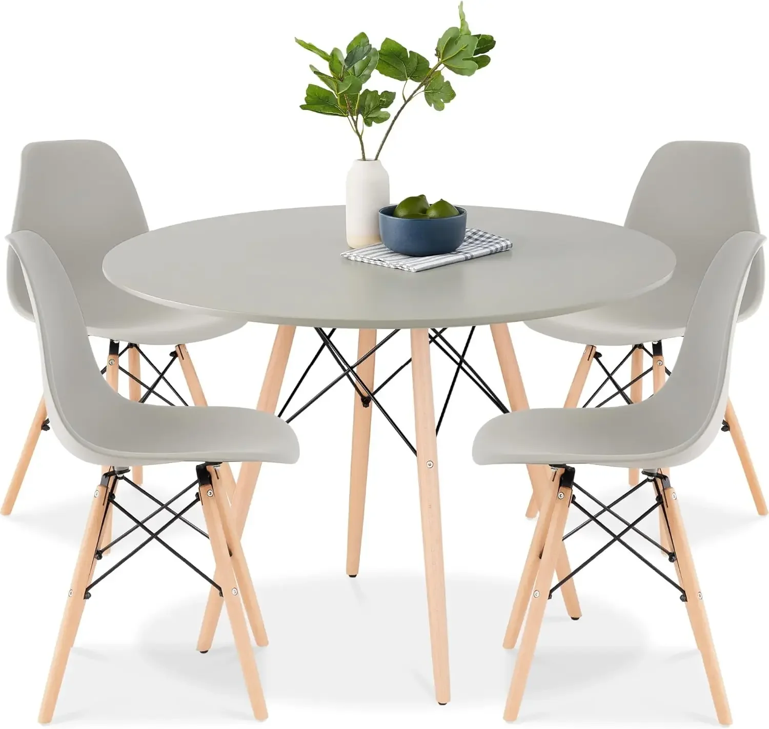 High-end Coffee Tables 5-Piece Dining Set,  for Home, Apartment W/ 4 Chairs, Plastic Seats, Wooden Legs, Metal Frame  Furniture