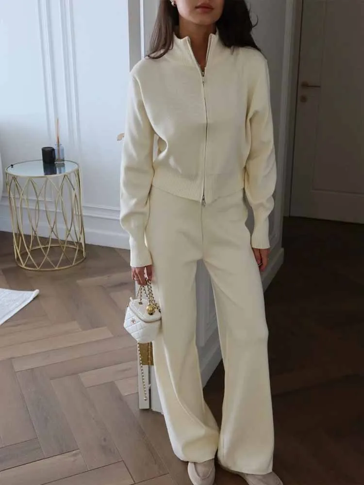 

MCDV осенне-зимний вязаный комплект из двух предметов, женский повседневный свободный пуловер с двойной молнией, свитер, брюки с эластичной резинкой на талии, одинаковый наряд