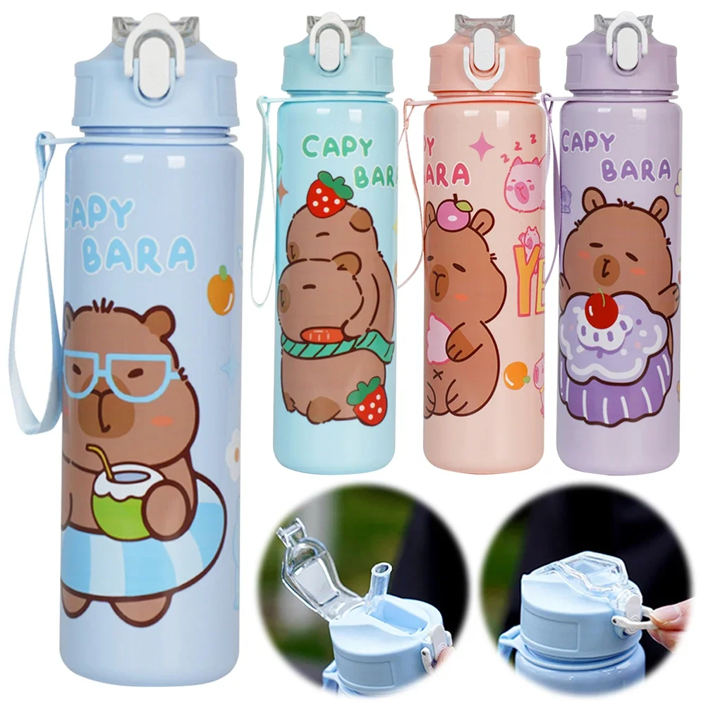 

700ml Capybara Portable Drinking Bottle with Straw & Handle Kawaii Water Bottle Large Capacity for Boys Girls Daily Use