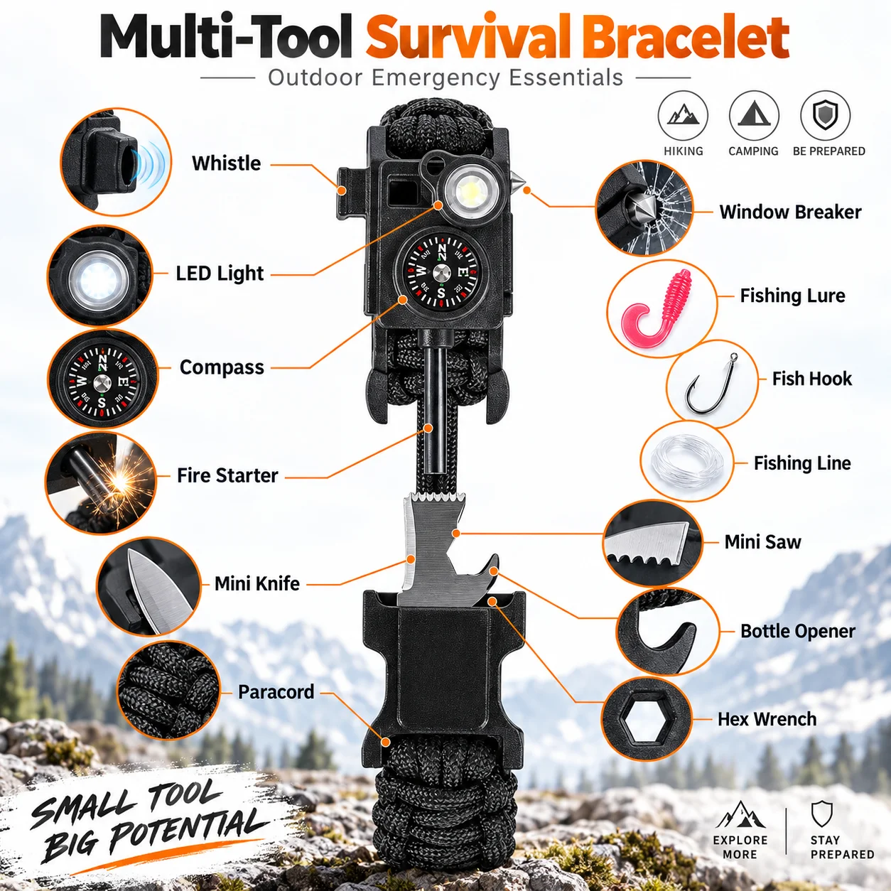 16-in-1 Outdoor Survival Bracelet Adjustable Paracord Wristband with Compass LED Light Fire Starter Whistle Emergency Tools
